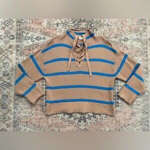 Everlane Classic Tan Blue Striped Wool Lace Up Smock Knit Sweater Women’s XL